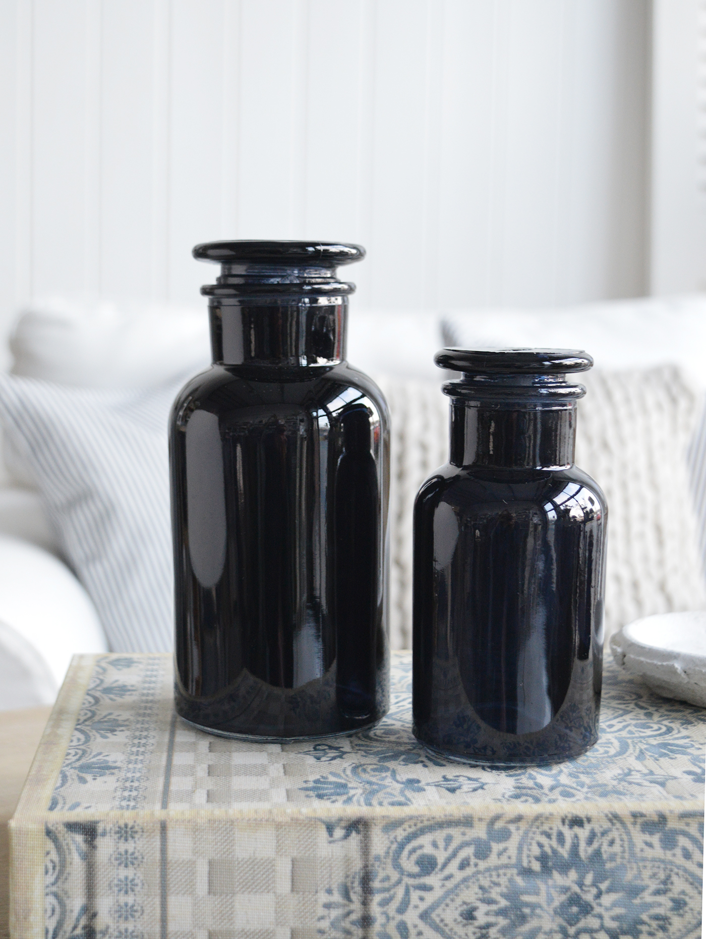 Decorative Apothecary blue black glass bottle with stopper from The White Lighthouse New England furniture and home accessories for country, coastal and city homes and iteriors