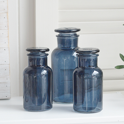 Decorative blue glass bottle with stopper from The White Lighthouse New England furniture and home accessories for country, coastal and city homes and iteriors