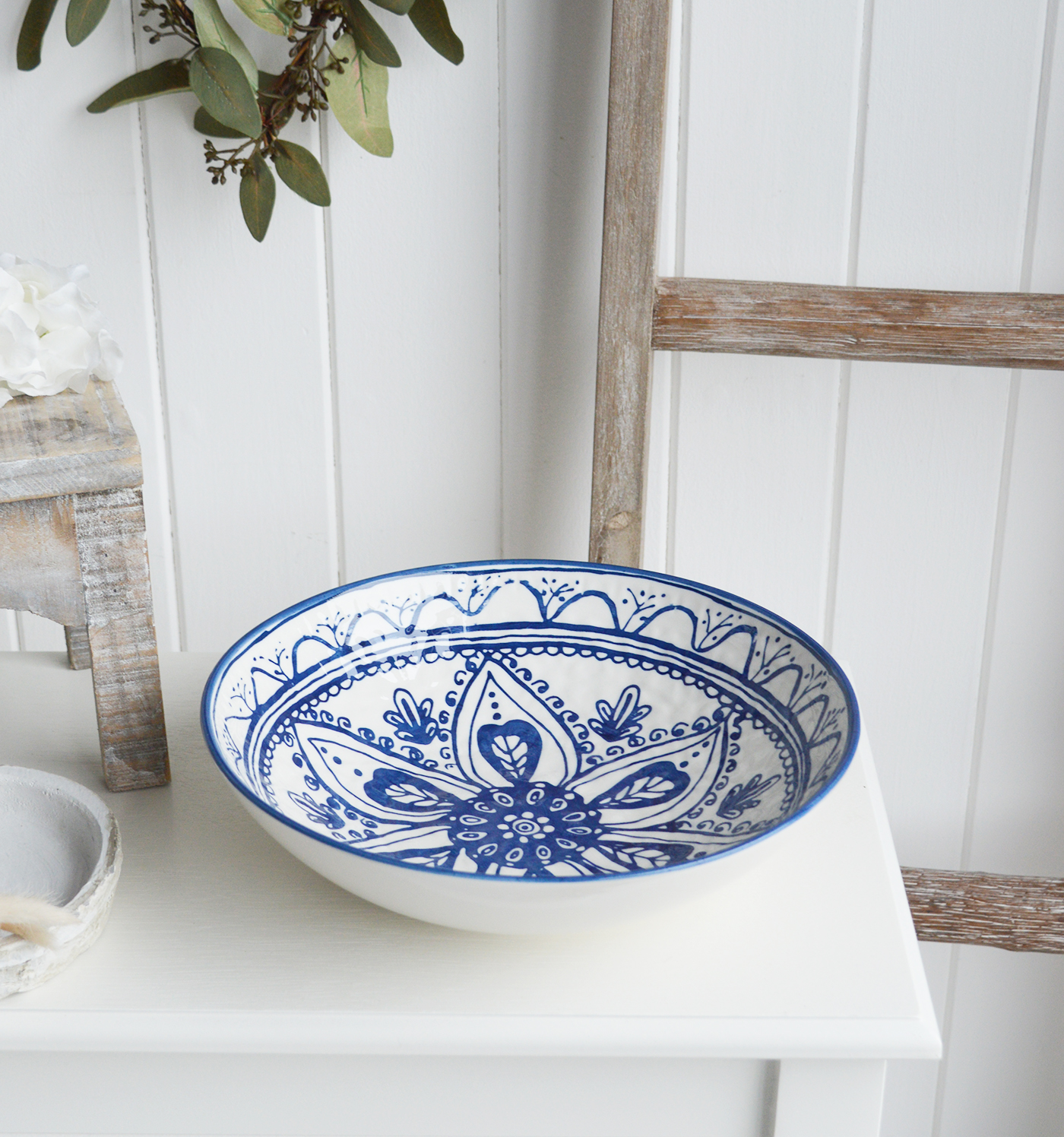 Blue and White Ceramic Bowl - White Furniture and home decor accessories for New England style homes for country, city, farmhouse and coastal from The White Lighthouse