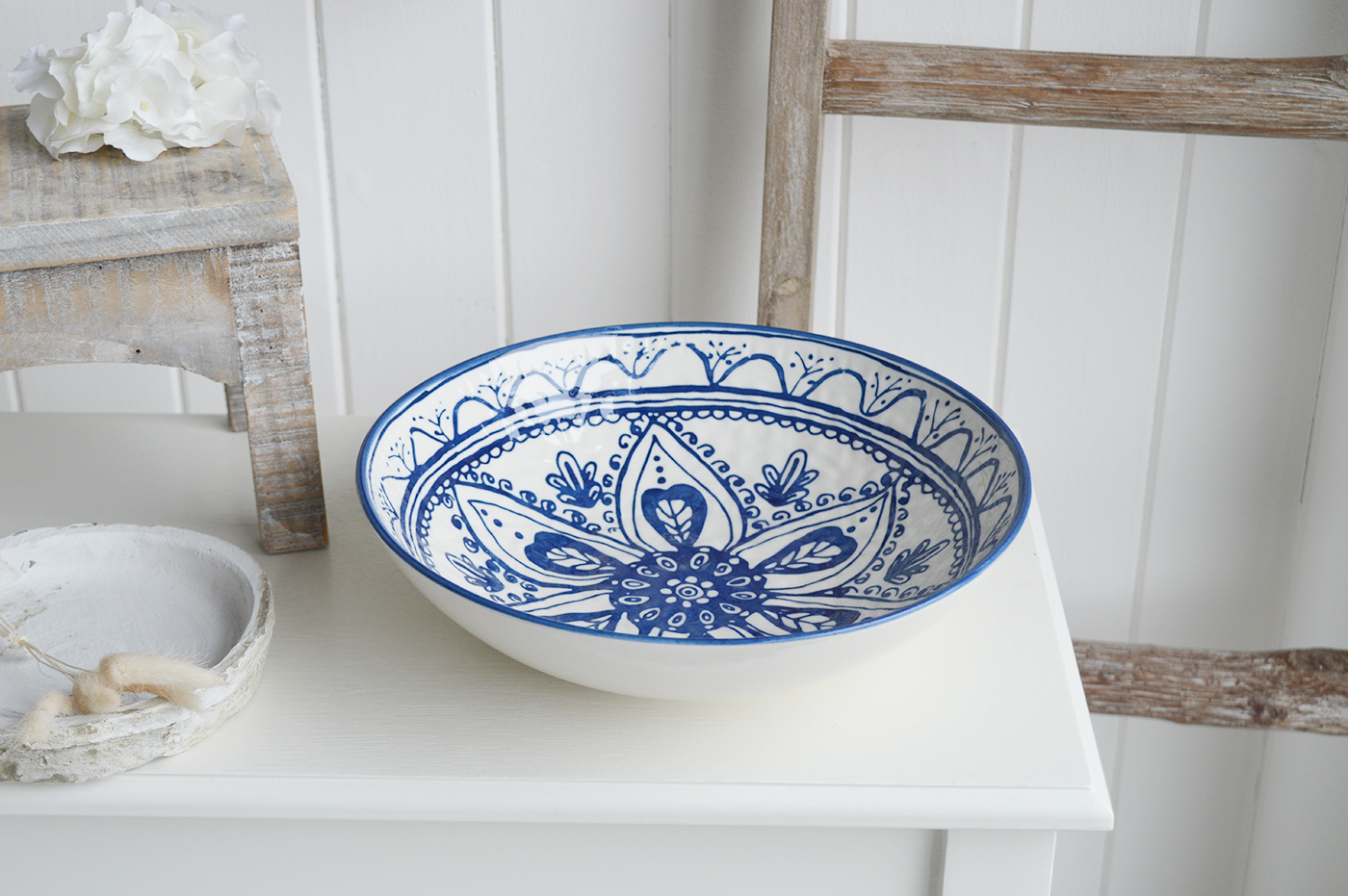 Blue and White Ceramic Bowl - White Furniture and home decor accessories for New England style homes for country, city, farmhouse and coastal from The White Lighthouse
