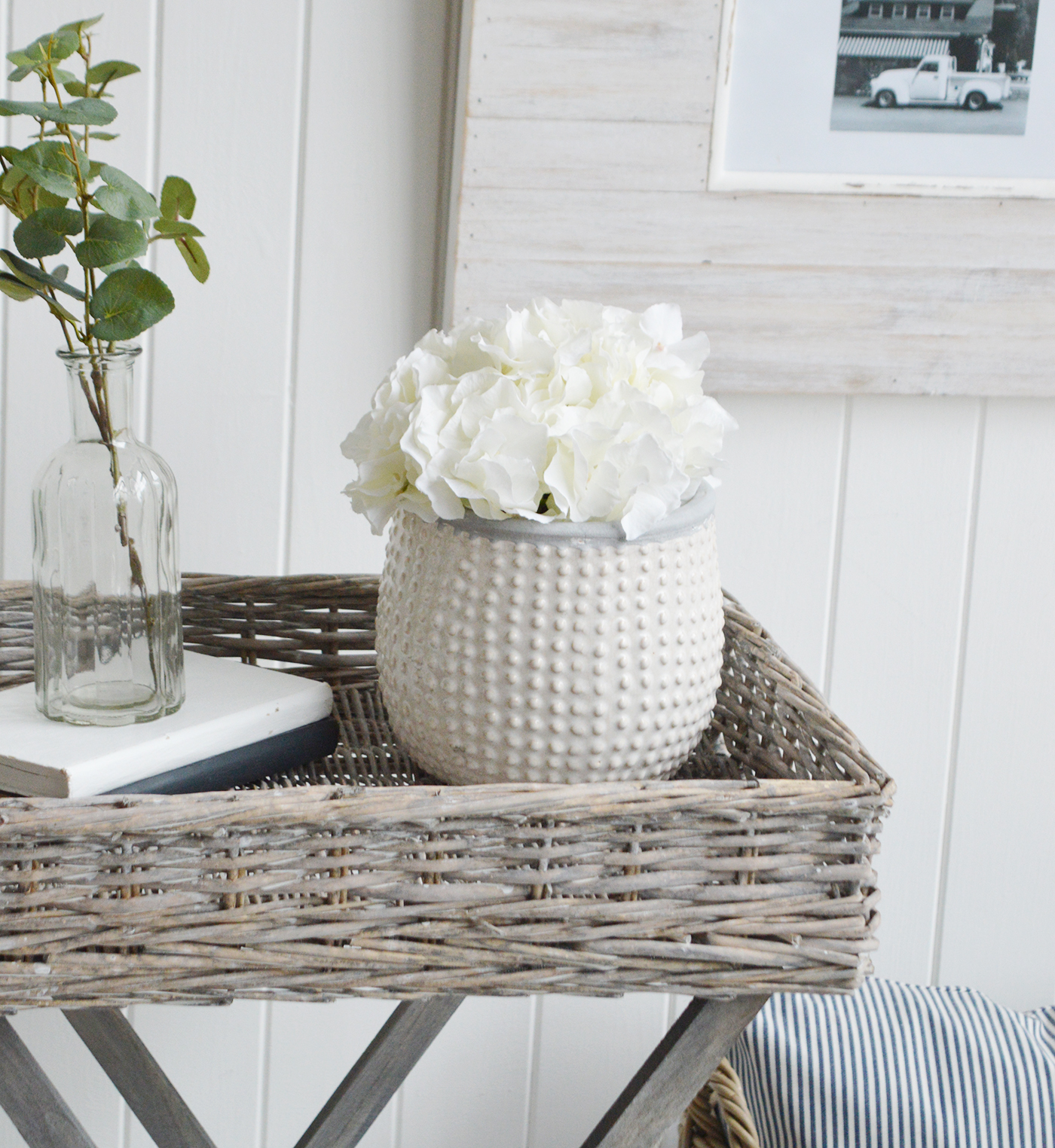 White bowl with artificial Hydrangea Head