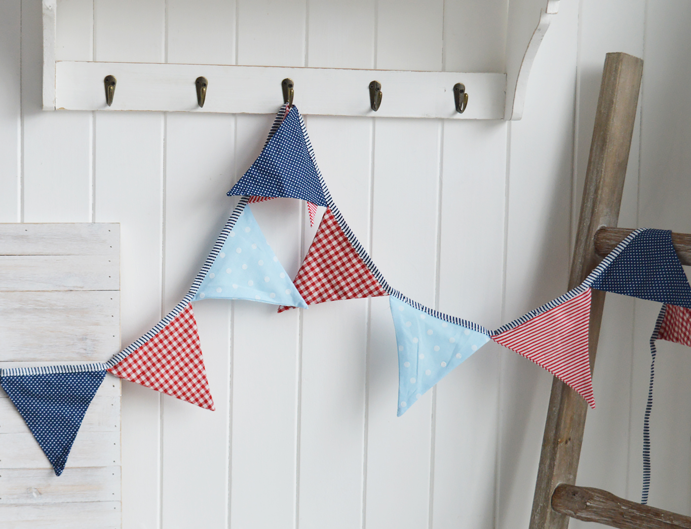 Red White and Blue Bunting Stripes, Spots and Gingham  - White furniture and home decor from The White Lighthouse coastal, New England and country furniture and home decor accessories UK.