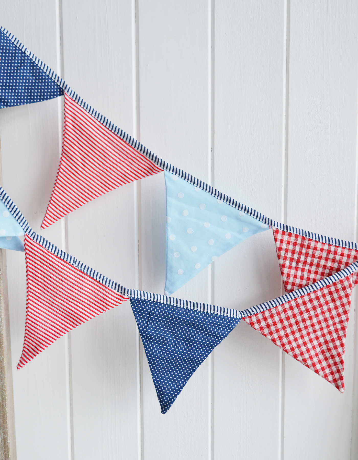 Red White and Blue Bunting Stripes, Spots and Gingham  - White furniture and home decor from The White Lighthouse coastal, New England and country furniture and home decor accessories UK.