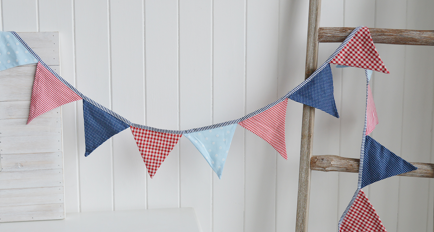 Red White and Blue Bunting Stripes, Spots and Gingham  - White furniture and home decor from The White Lighthouse coastal, New England and country furniture and home decor accessories UK.