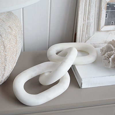 White marble chain sculpture for Coffee Table Styling and decorating shleves and console tables for New England, Country and coastal home interior decor