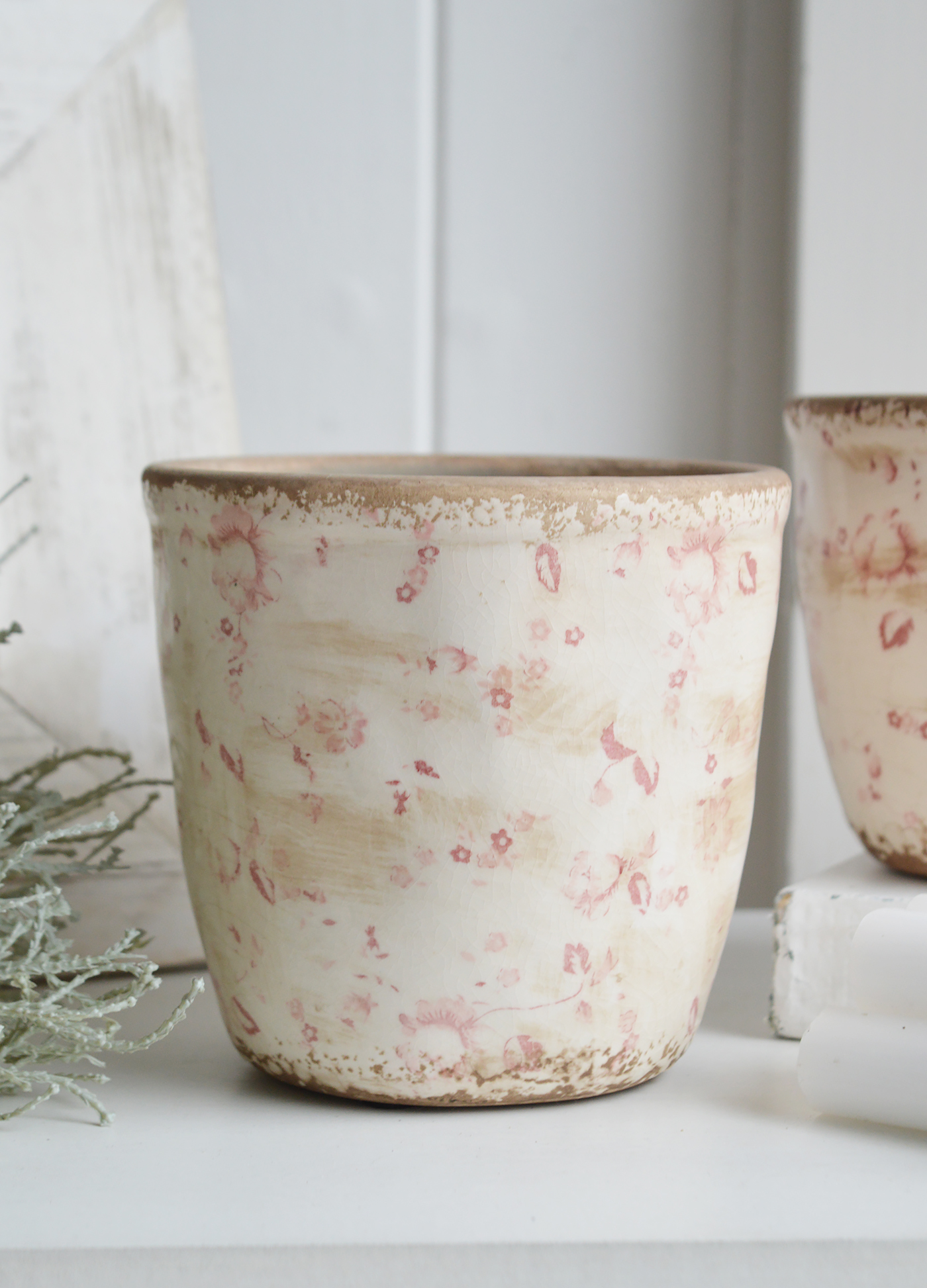 Campton pots in aged ceramic  in pinks and whites for New England, farmhouse,  Country and coastal homes and interior decor