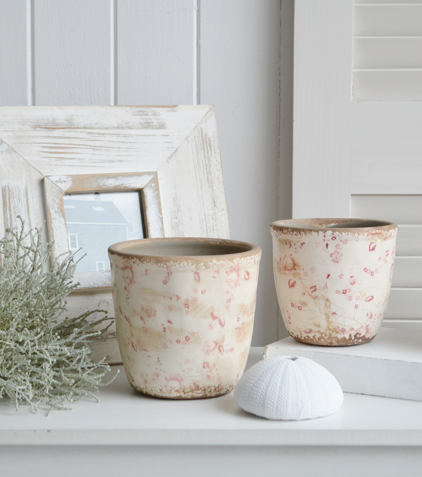 Campton pots in aged ceramic  in pinks and whites for New England, farmhouse,  Country and coastal homes and interior decor