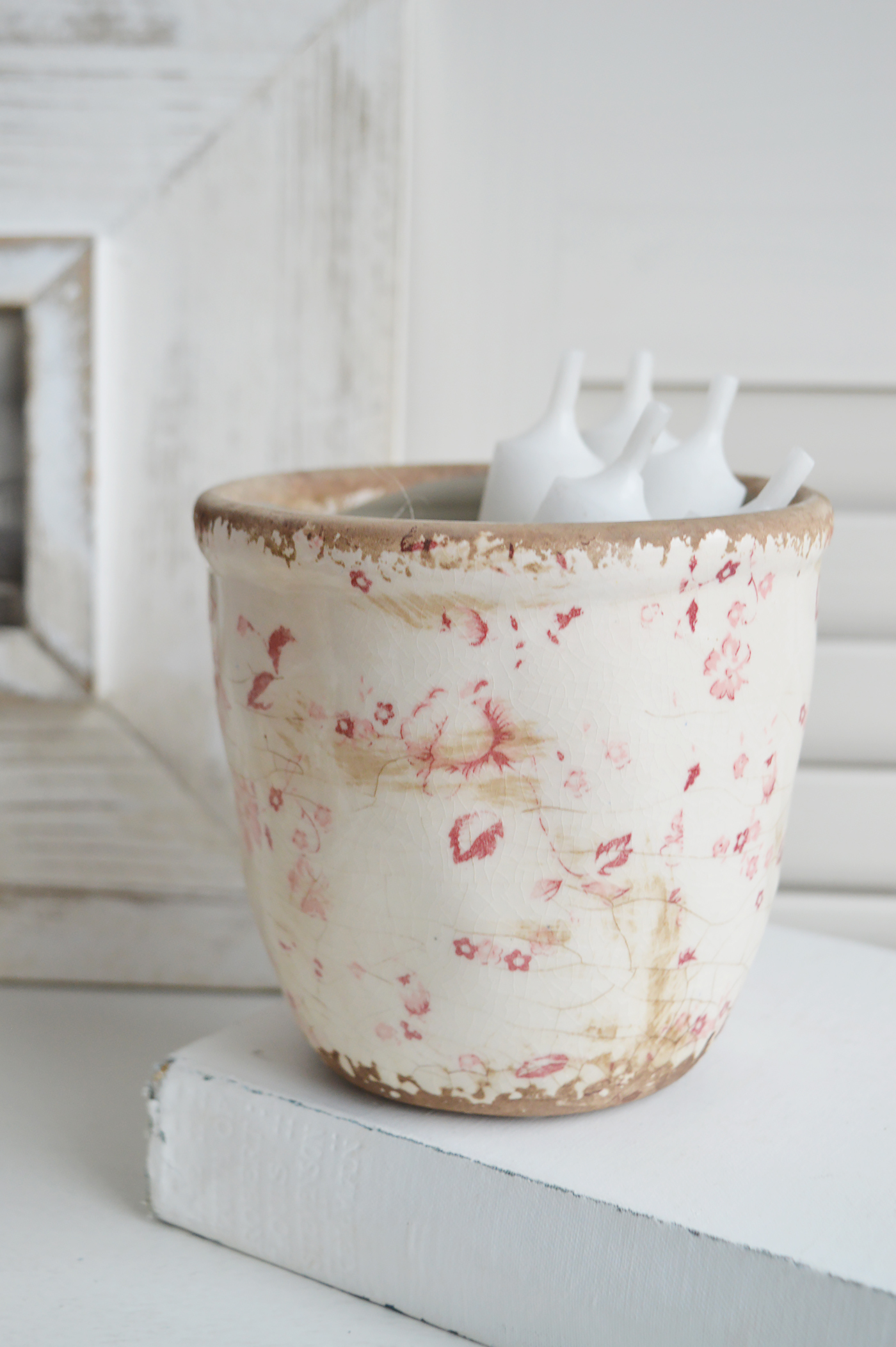 Campton pots in aged ceramic  in pinks and whites for New England, farmhouse,  Country and coastal homes and interior decor