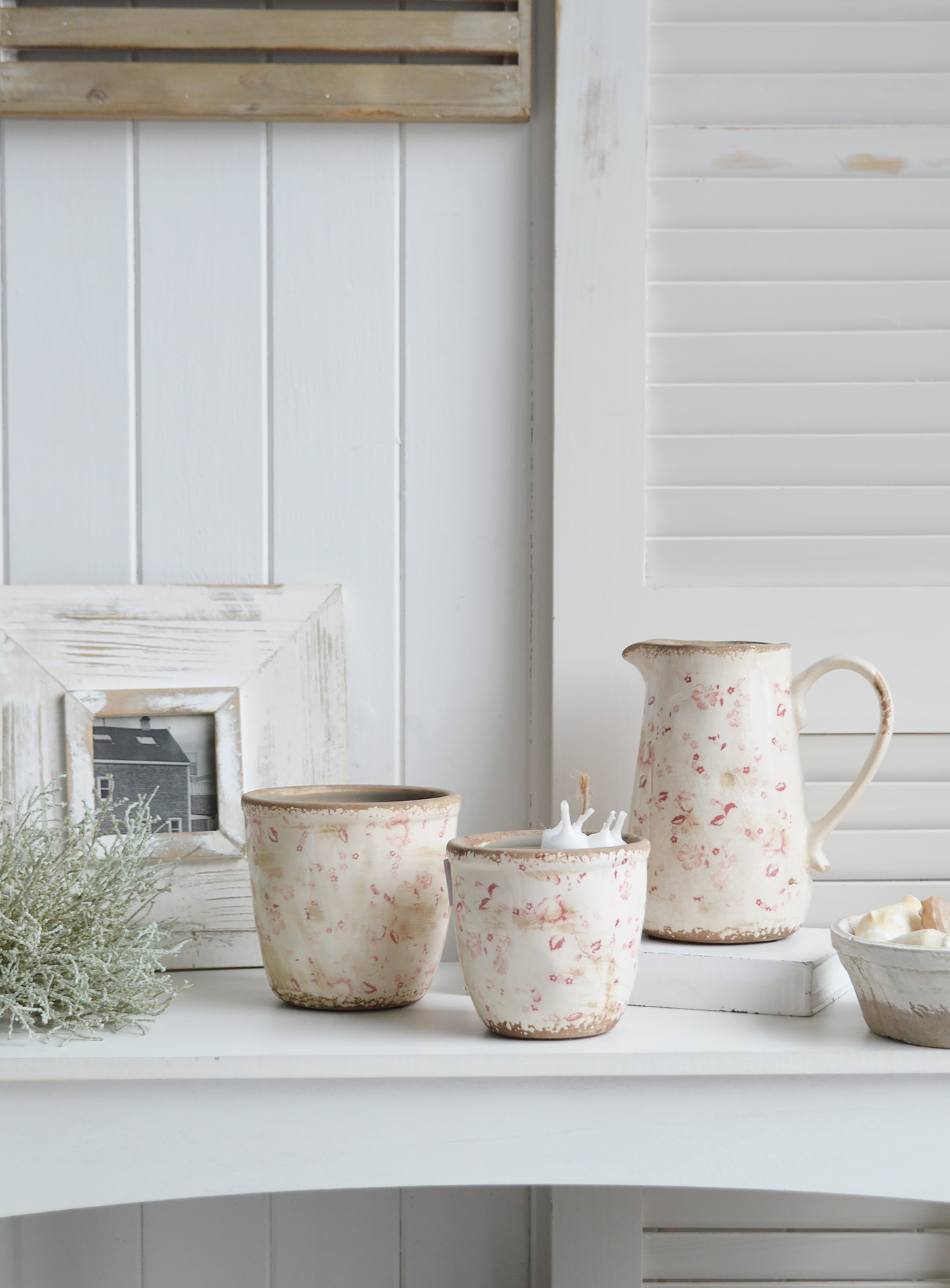 Campton pots in aged ceramic  in pinks and whites for New England, farmhouse,  Country and coastal homes and interior decor