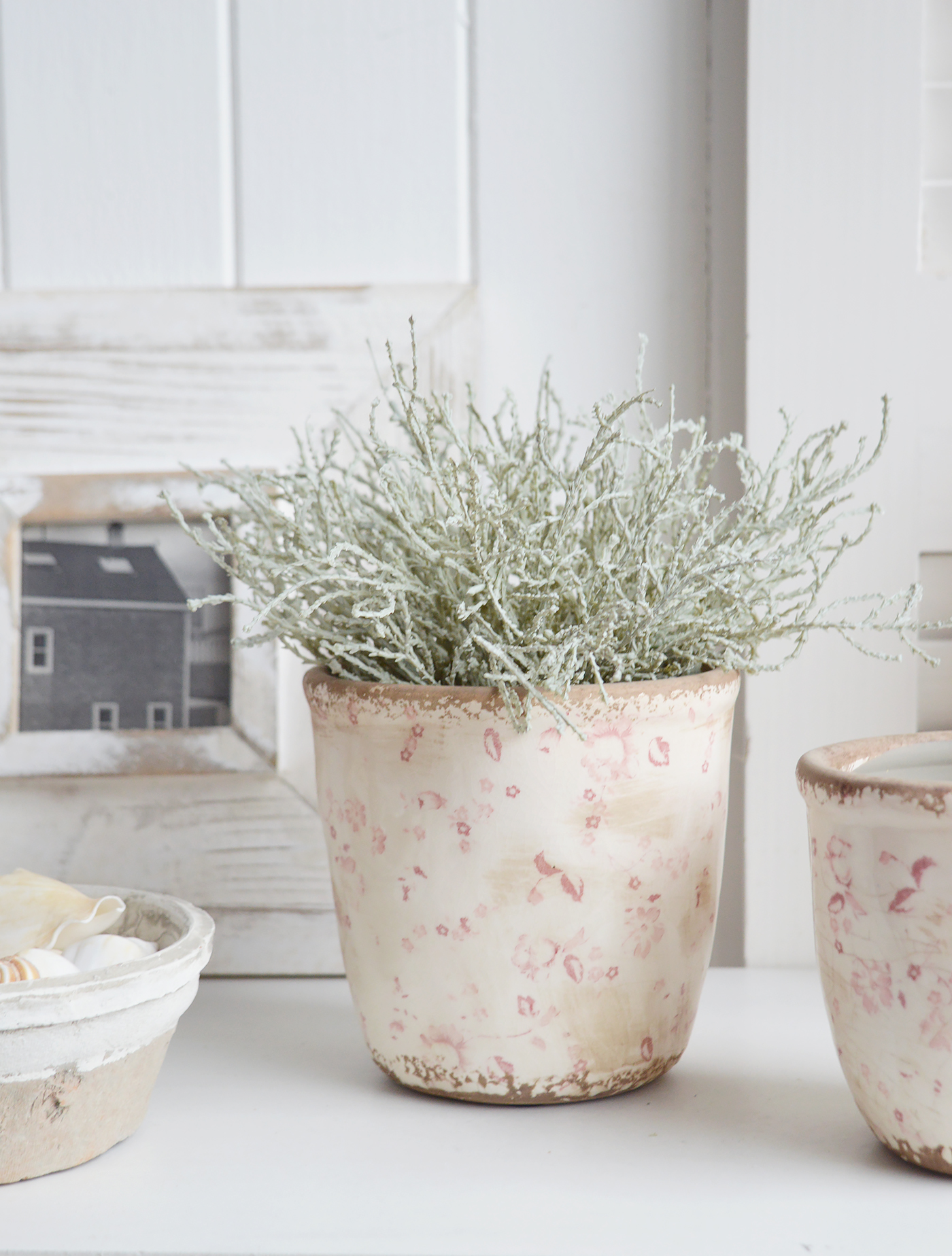 Campton pots in aged ceramic  in pinks and whites for New England, farmhouse,  Country and coastal homes and interior decor