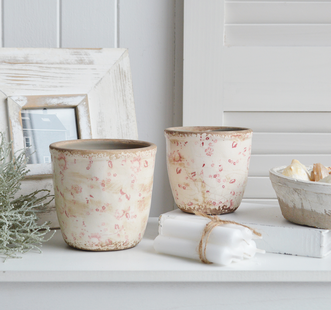 Campton pots in aged ceramic  in pinks and whites for New England, farmhouse,  Country and coastal homes and interior decor