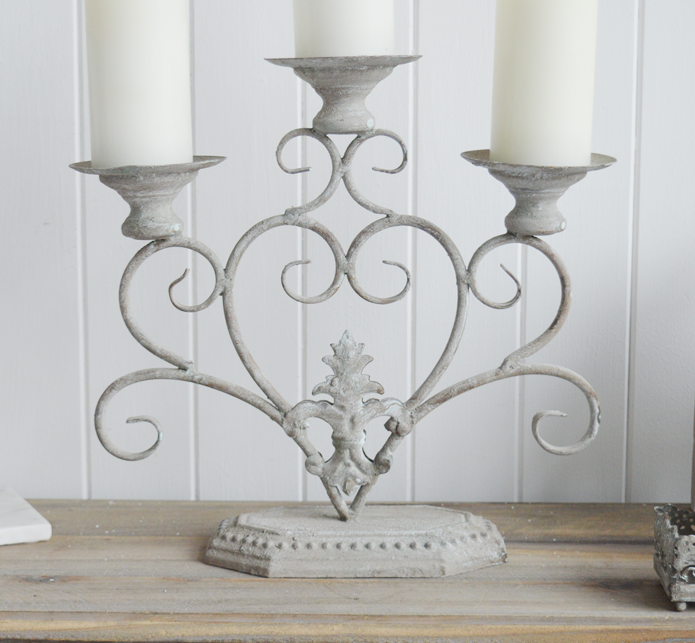 Fairvale Aged Grey Candelabra - The White Lighthouse New England Coastal Farmhouse and Country Home Furniture and Decor Accesories
