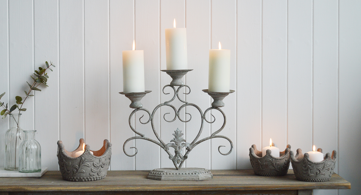 Fairvale Aged Grey Candelabra - The White Lighthouse New England Coastal Farmhouse and Country Home Furniture and Decor Accesories