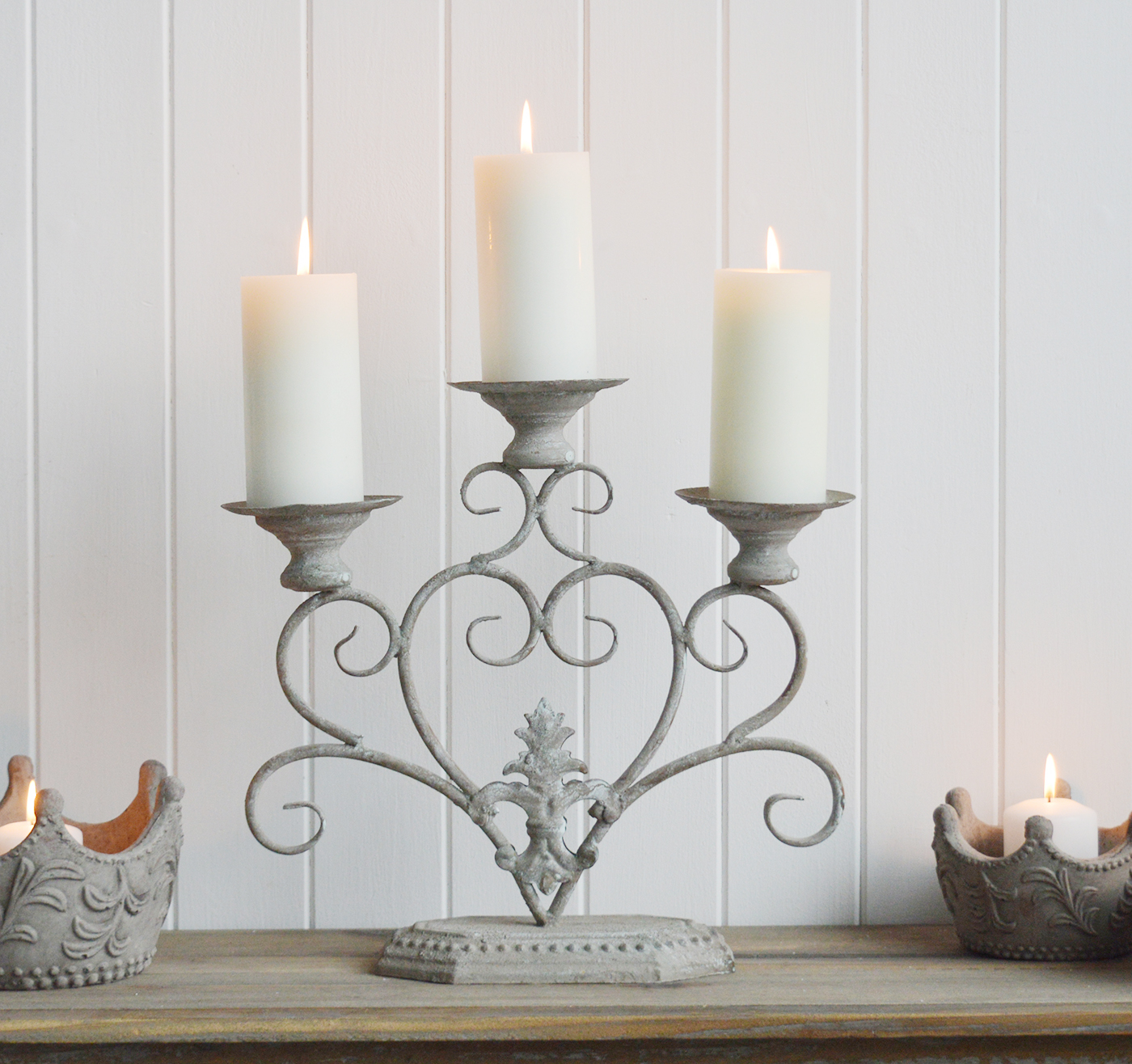 Fairvale Aged Grey Candelabra - The White Lighthouse New England Coastal Farmhouse and Country Home Furniture and Decor Accesories