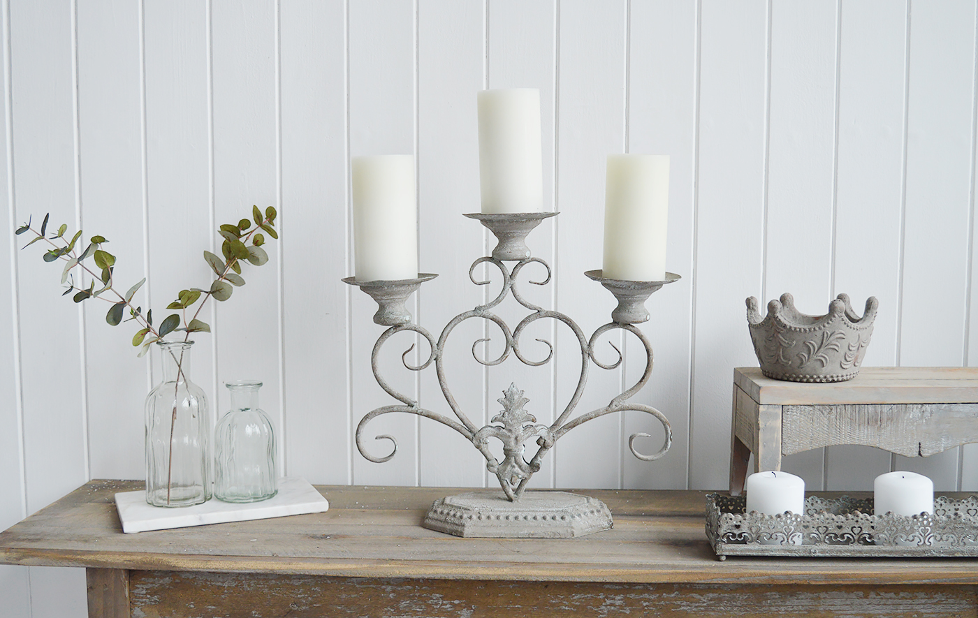 Fairvale Aged Grey Candelabra - The White Lighthouse New England Coastal Farmhouse and Country Home Furniture and Decor Accesories