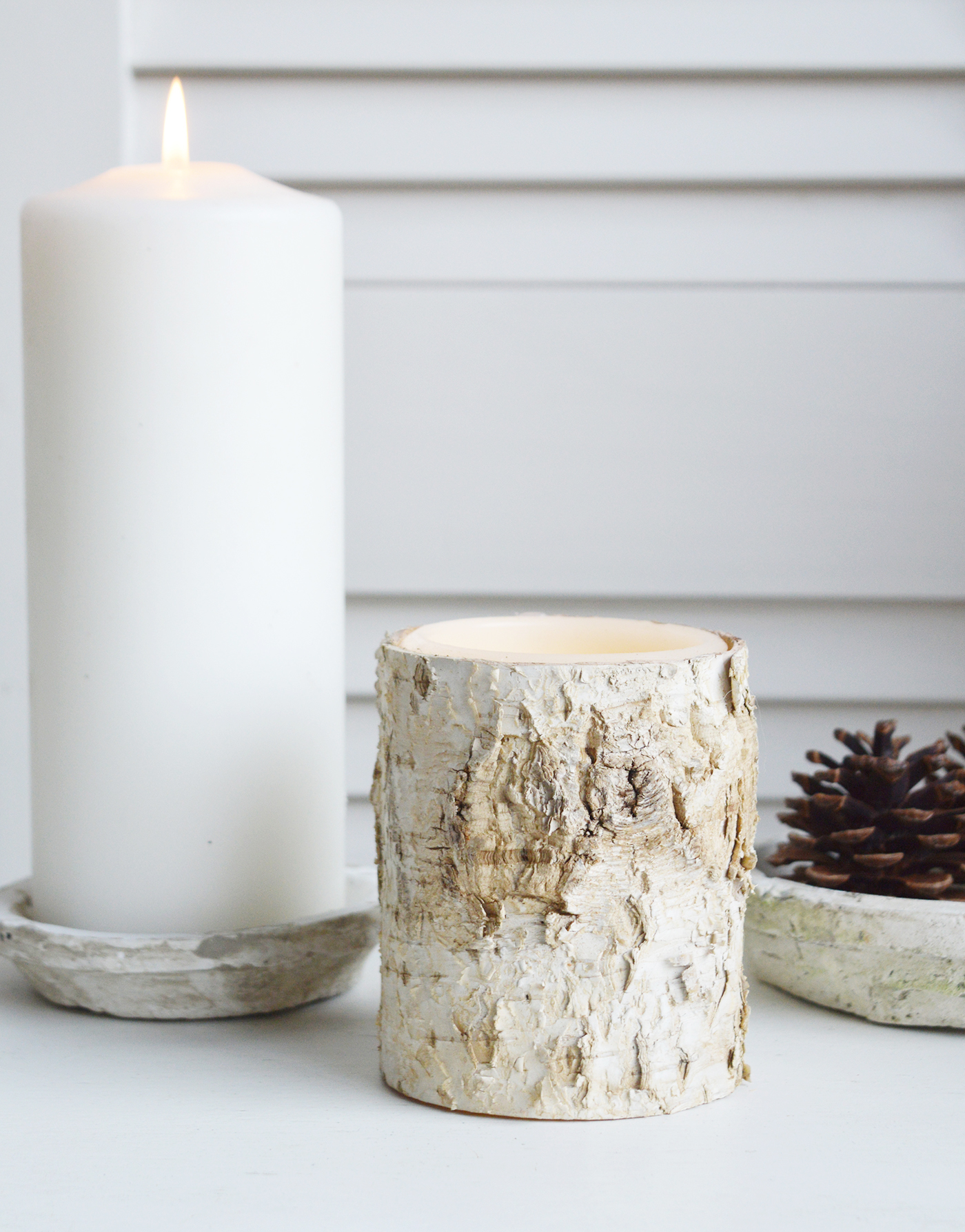 LED bark candle from The White Lighthouse furniture and accessories. New England, coastal, country, city and farmhouse home interiors and decor