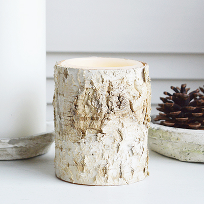 LED bark candle from The White Lighthouse furniture and accessories. New England, coastal, country, city and farmhouse home interiors and decor