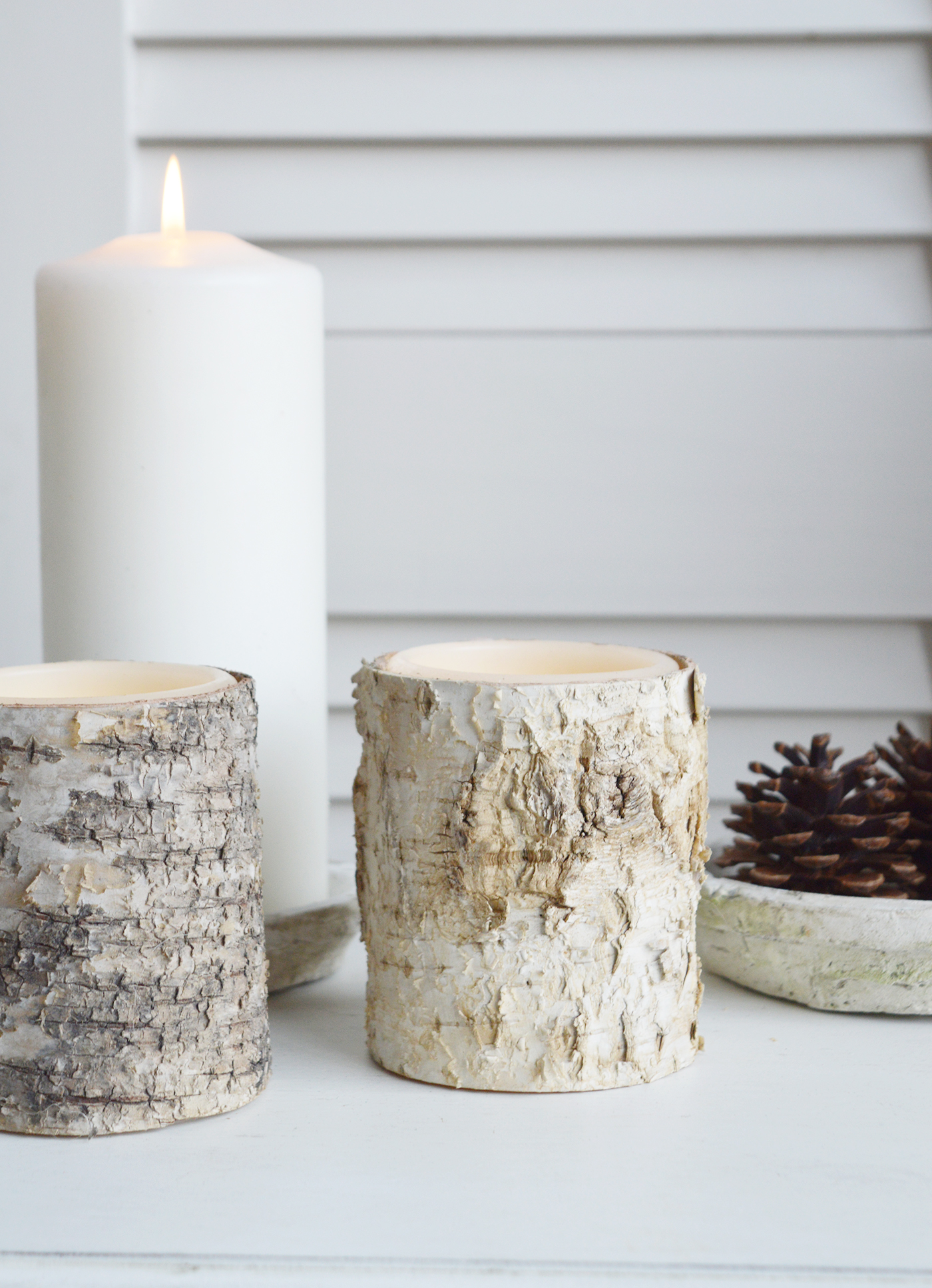 LED bark candle from The White Lighthouse furniture and accessories. New England, coastal, country, city and farmhouse home interiors and decor