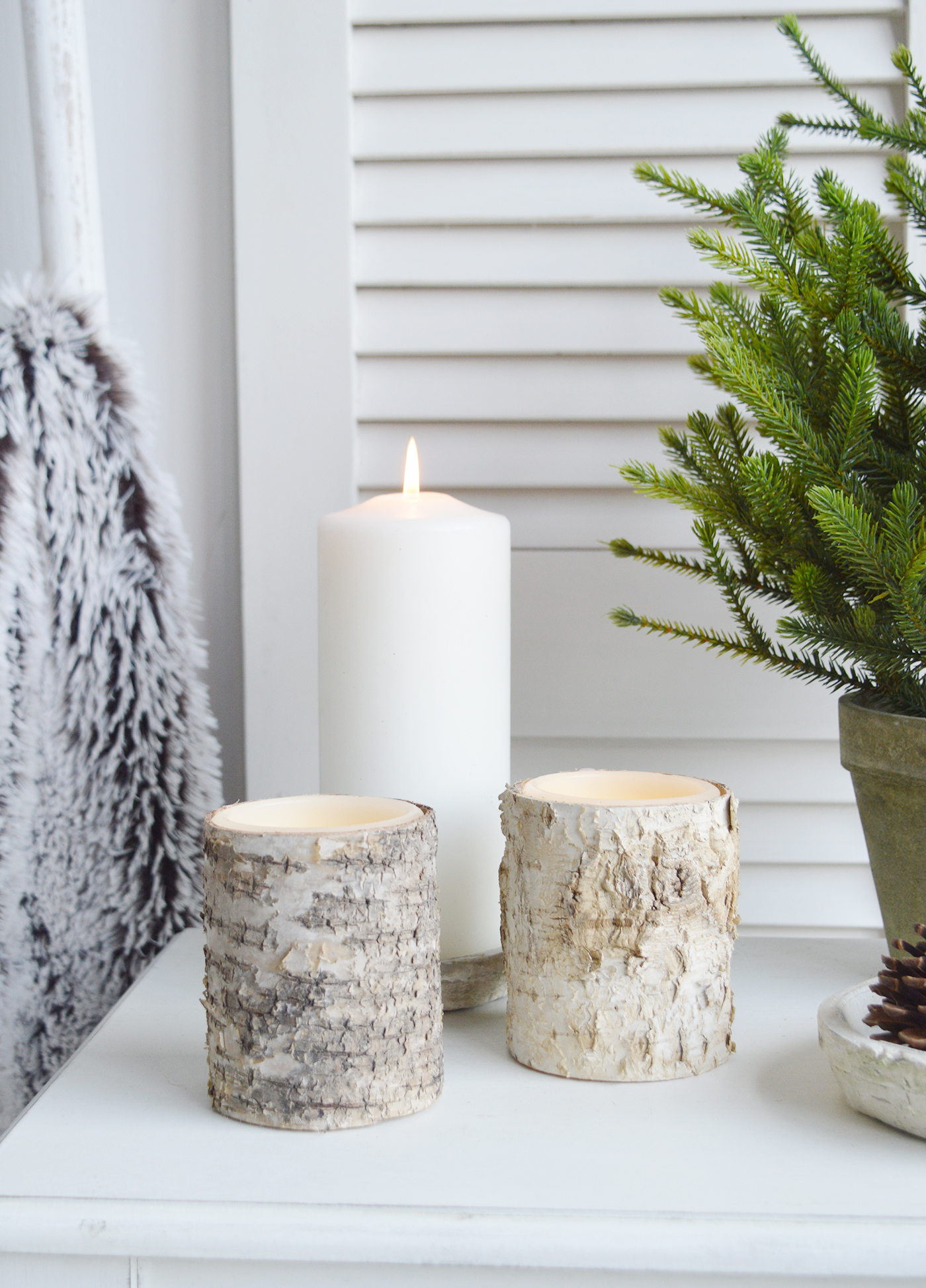 LED bark candle from The White Lighthouse furniture and accessories. New England, coastal, country, city and farmhouse home interiors and decor