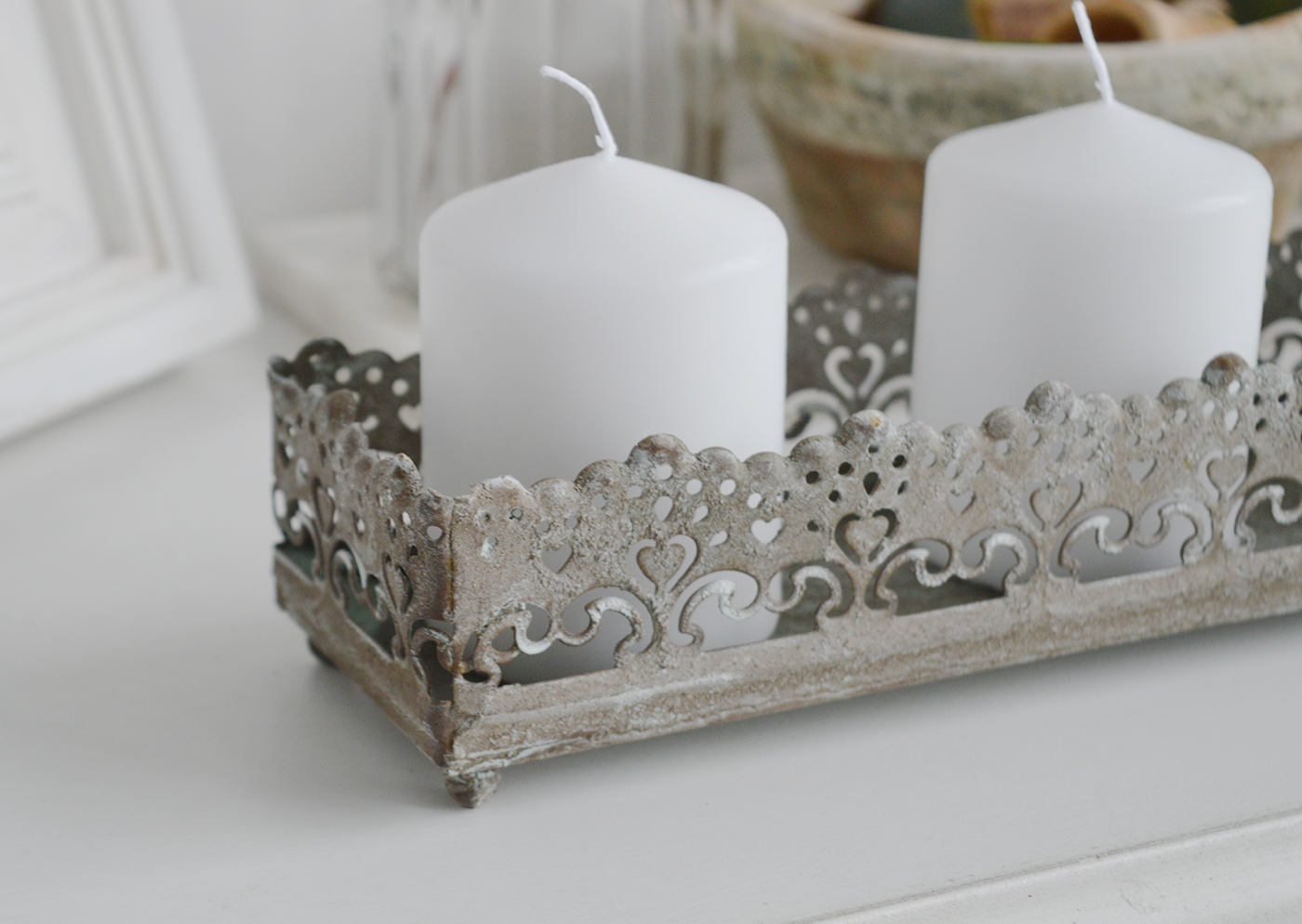 Candle holder tray in aged metal vintage style. New England style home interiors and furniture from The White Lighthouse