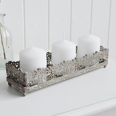 Candle holder tray in aged metal vintage style. New England style home interiors and furniture from The White Lighthouse