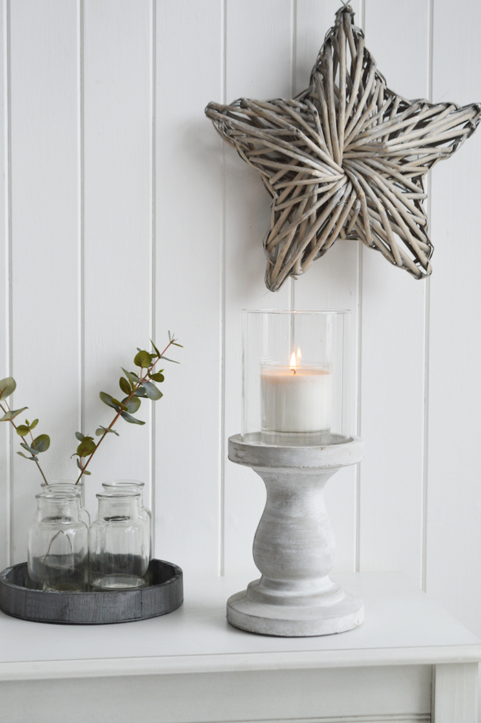 Cement grey candle holder for New England style homes and interiors for coastal and country interiors