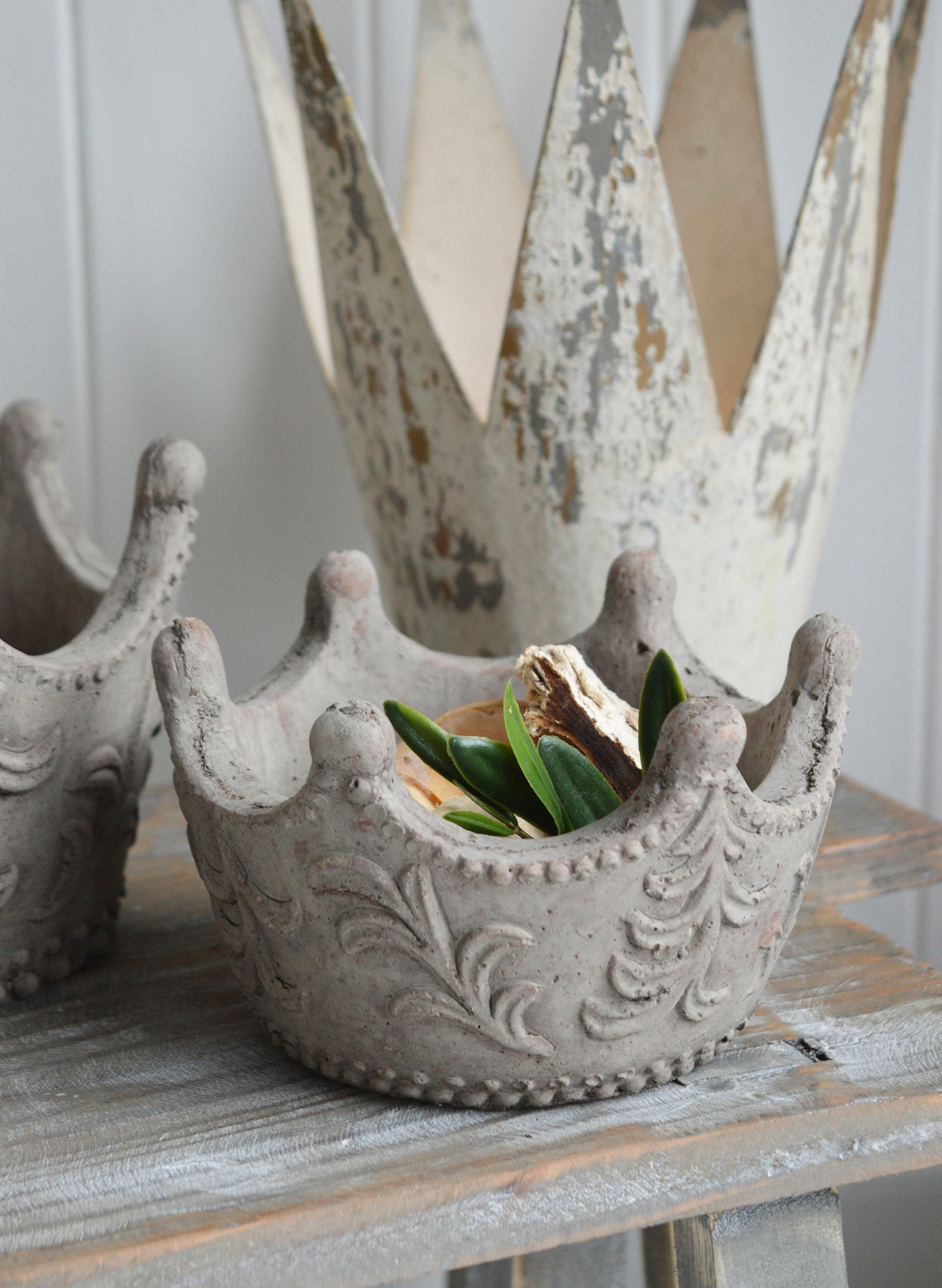 Grey Stone Crown Candle Holders- The White Lighthouse New England Coastal Farmhouse and Country Home Furniture and Decor Accesories