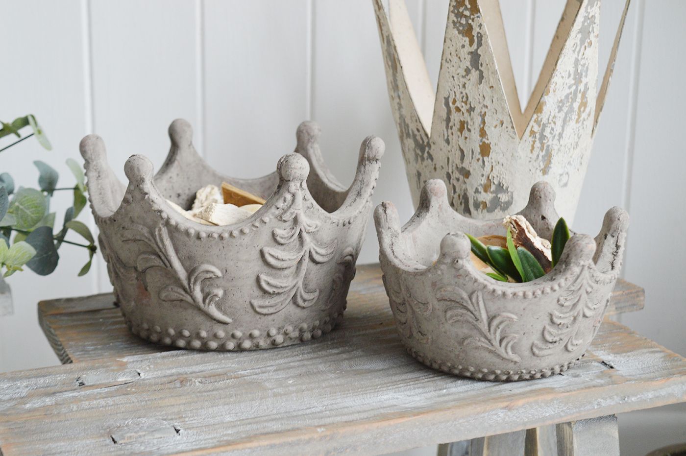 Grey Stone Crown Candle Holders- The White Lighthouse New England Coastal Farmhouse and Country Home Furniture and Decor Accesories