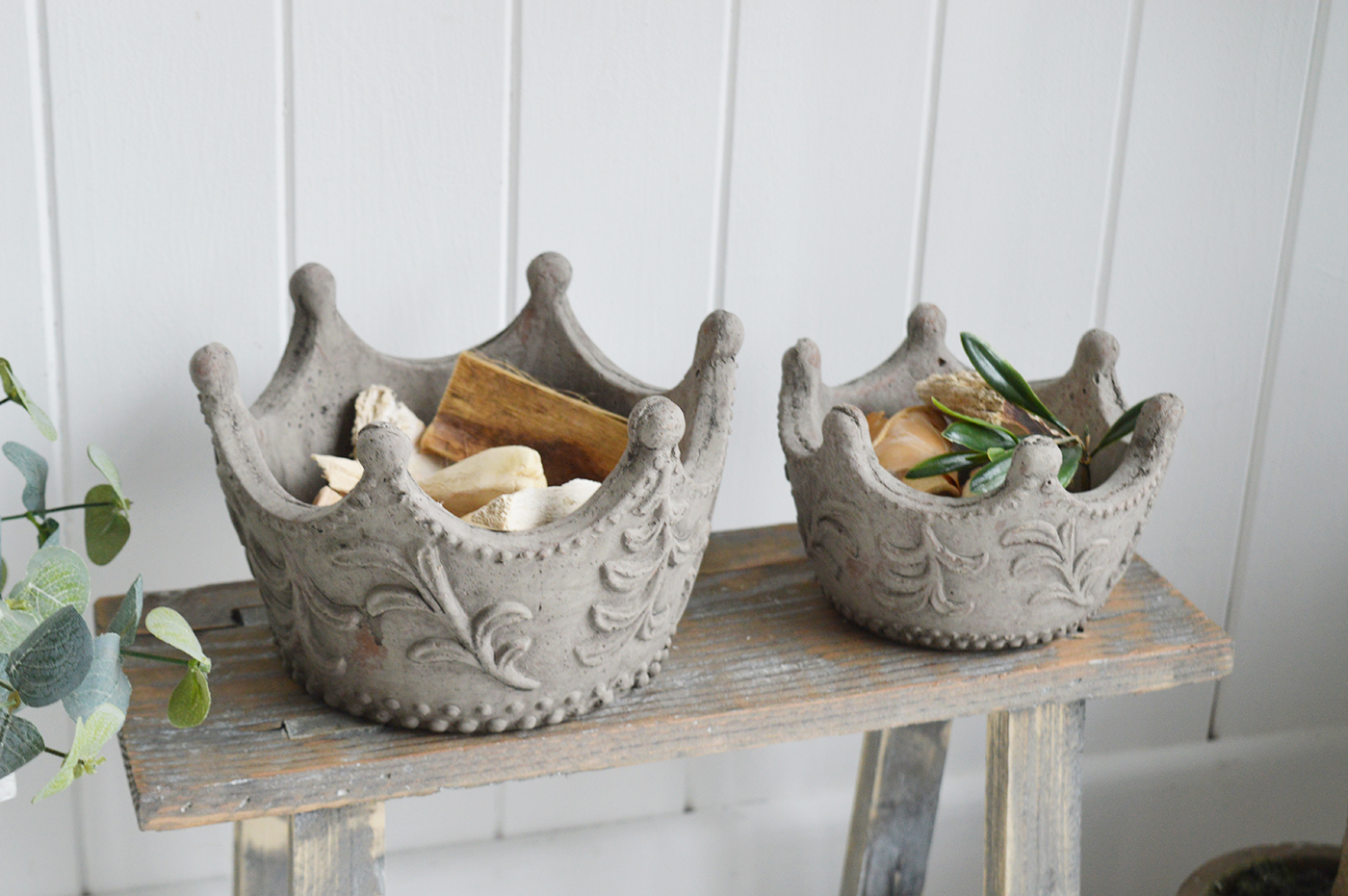 Grey Stone Crown Candle Holders- The White Lighthouse New England Coastal Farmhouse and Country Home Furniture and Decor Accesories