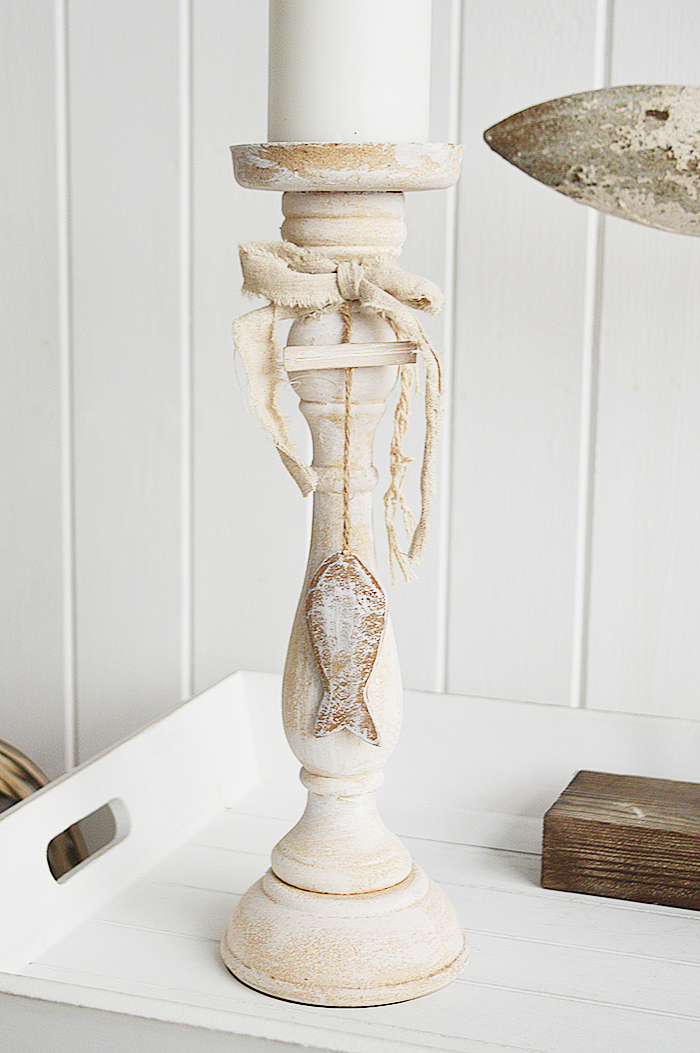 Coastal style tall candle stick in white wash