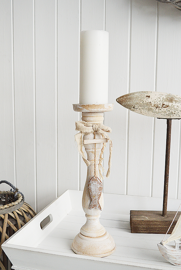 Coastal style tall candle stick in white wash
