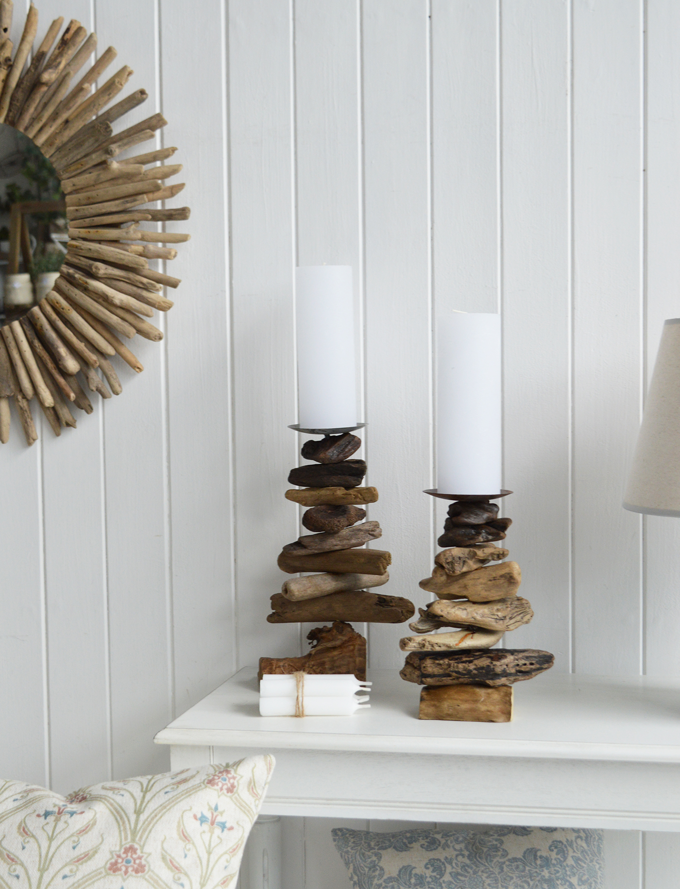 Beach house decor - driftwood candles in 2 sizes