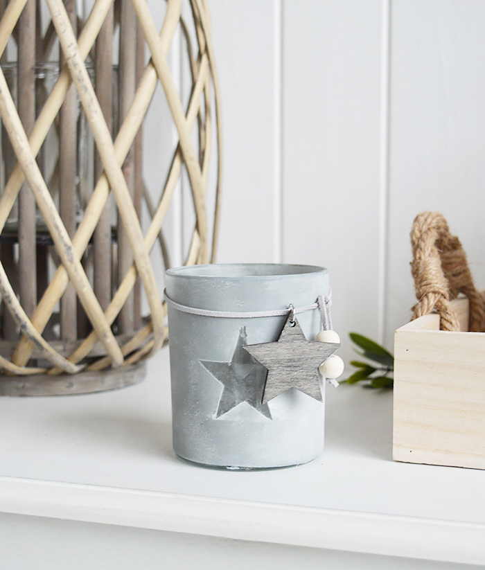 Etched glass candle holder with stars from The White Lighthouse. New England , coastal, country and white furniture and home interiors for the hallway, living room, bedroom and bathroom