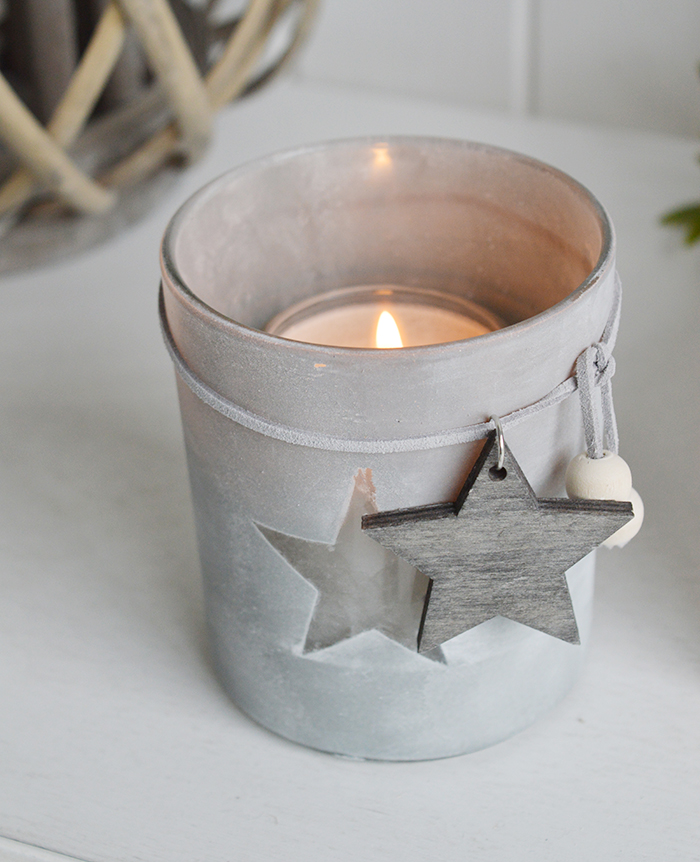 Etched glass candle holder with stars from The White Lighthouse. New England , coastal, country and white furniture and home interiors for the hallway, living room, bedroom and bathroom