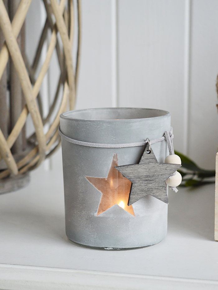 Etched glass candle holder with stars from The White Lighthouse. New England , coastal, country and white furniture and home interiors for the hallway, living room, bedroom and bathroom