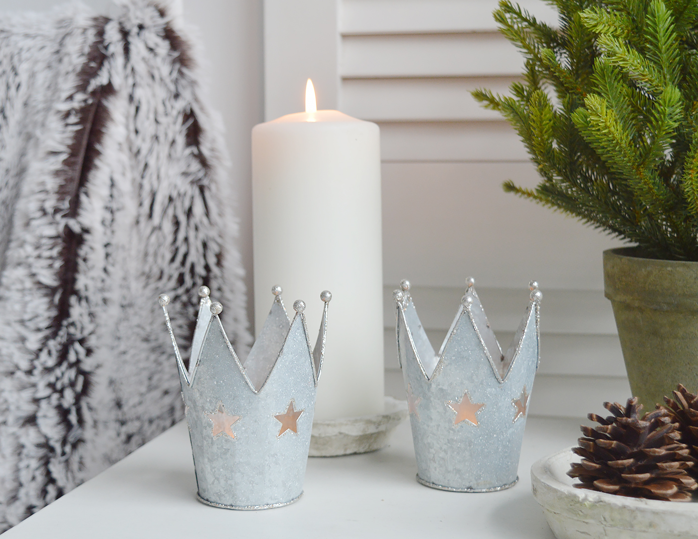 Crown Tea Light Holder with Stars from The White Lighthouse furniture and accessories. New England, coastal, country, city and farmhouse home interiors and decor