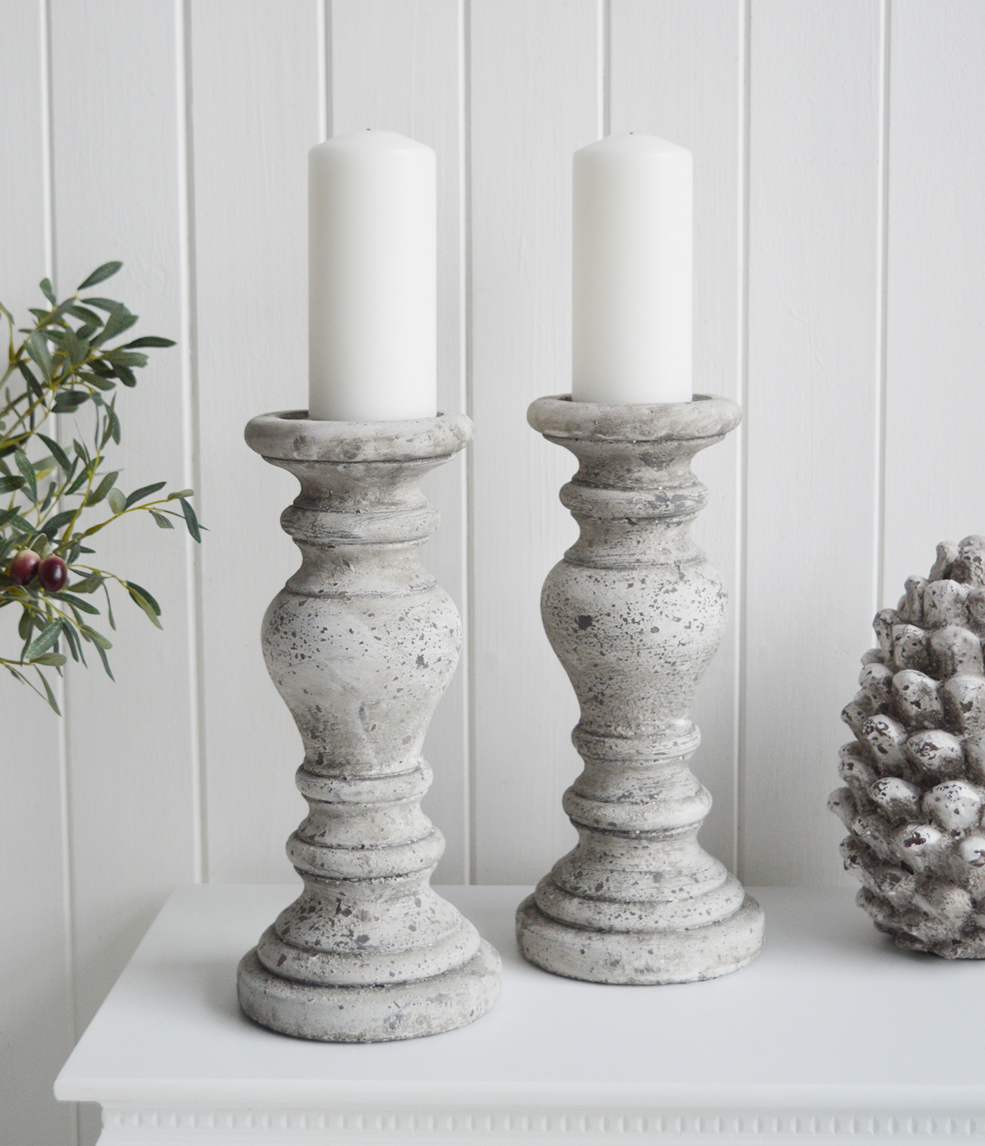 Grey Aged Stone Candle Holder  from The White Lighthouse furniture and accessories. New England, coastal, country, city and farmhouse home interiors and decor