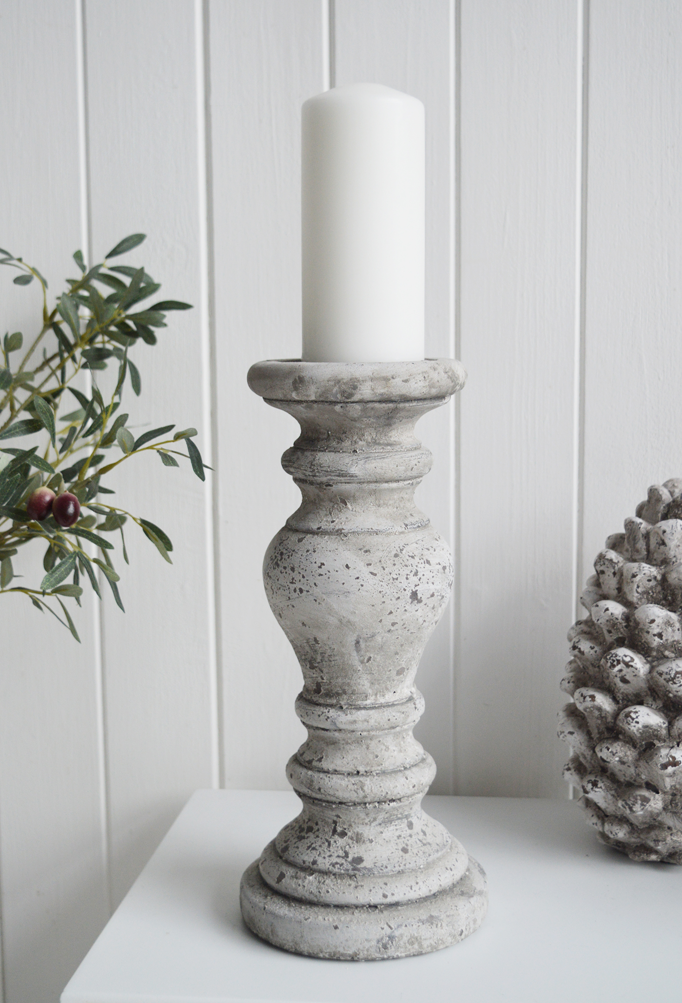 Grey Aged Stone Candle Holder  from The White Lighthouse furniture and accessories. New England, coastal, country, city and farmhouse home interiors and decor