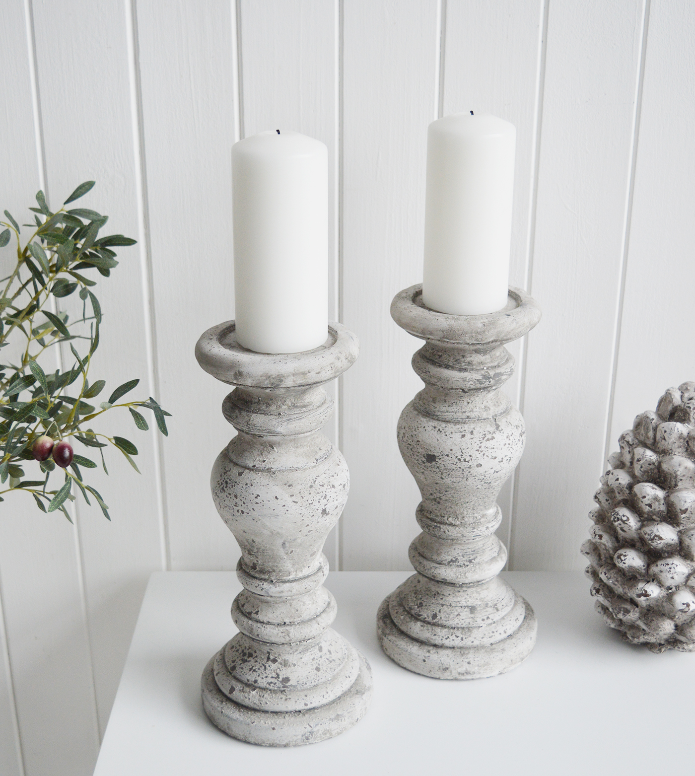 Grey Aged Stone Candle Holder  from The White Lighthouse furniture and accessories. New England, coastal, country, city and farmhouse home interiors and decor