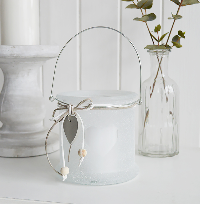 Our heart white frosted glass candle hanging lantern holder with heart and hanging wooden heart.The range of candle holders in grey and white are a perfect accompaniment to our New England, country and coastal furniture for your bedroom, living room, hall and bathroom 