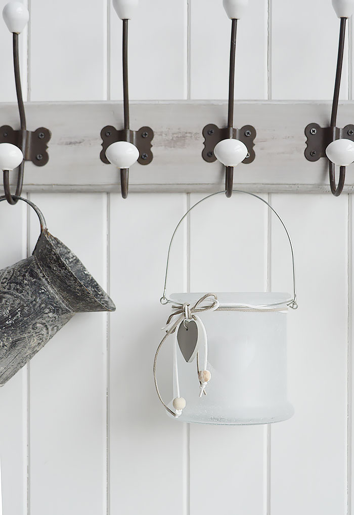 Our heart white frosted glass candle hanging lantern holder with heart and hanging wooden heart.The range of candle holders in grey and white are a perfect accompaniment to our New England, country and coastal furniture for your bedroom, living room, hall and bathroom 