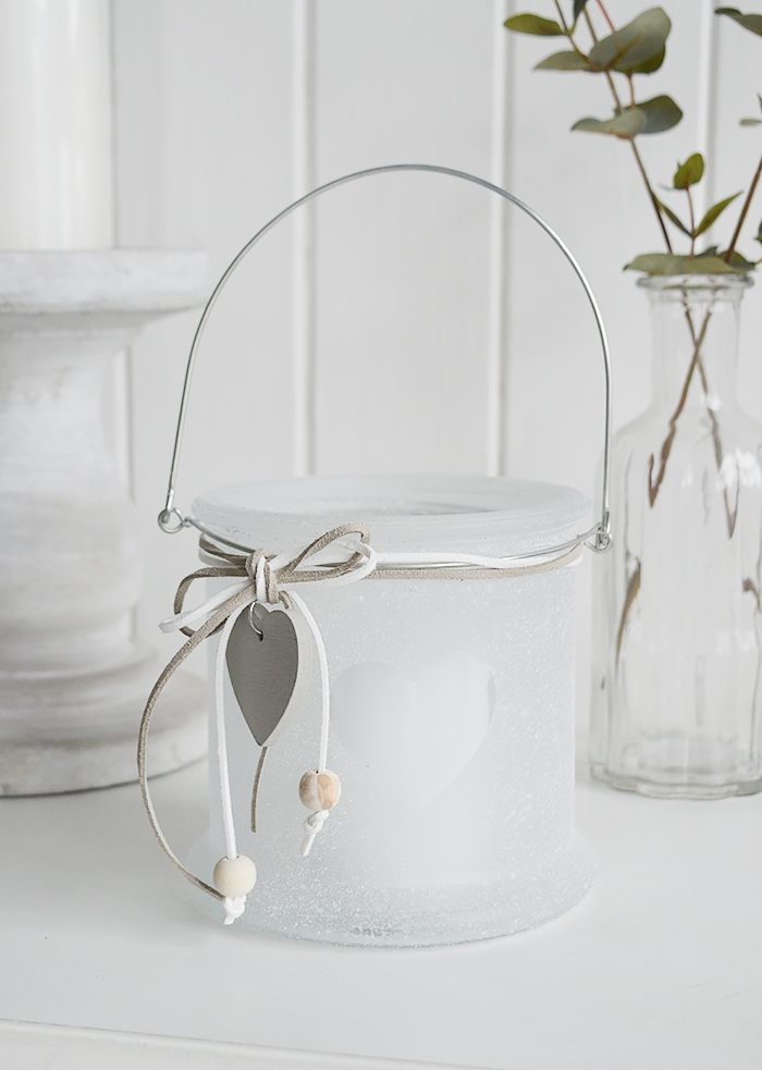 Our heart white frosted glass candle hanging lantern holder with heart and hanging wooden heart.The range of candle holders in grey and white are a perfect accompaniment to our New England, country and coastal furniture for your bedroom, living room, hall and bathroom 