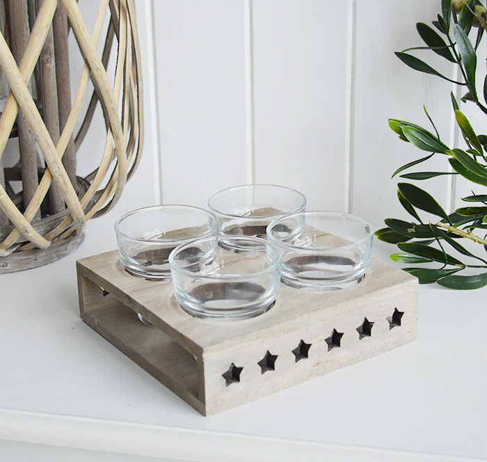 Nantucket candle holder with stars from The White Lighthouse. New England , coastal, country and white furniture and home interiors for the hallway, living room, bedroom and bathroom