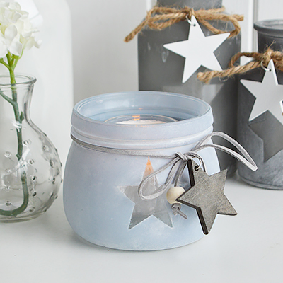 Etched glass  lantern candle holder with stars from The White Lighthouse. New England , coastal, country and white furniture and home interiors for the hallway, living room, bedroom and bathroom.