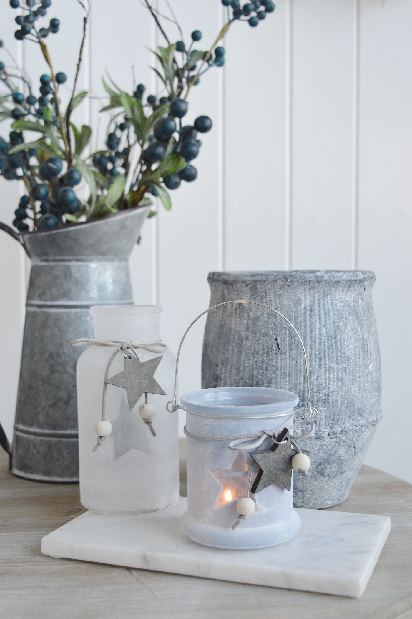 Etched glass hanging lantern candle holder with stars from The White Lighthouse. New England , coastal, country and white furniture and home interiors for the hallway, living room, bedroom and bathroom