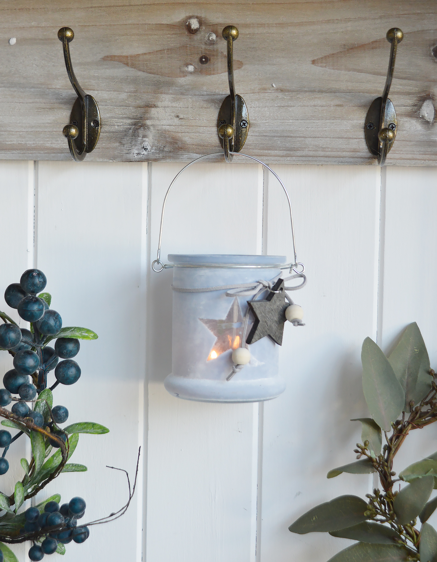 Etched glass hanging lantern candle holder with stars from The White Lighthouse. New England , coastal, country and white furniture and home interiors for the hallway, living room, bedroom and bathroom