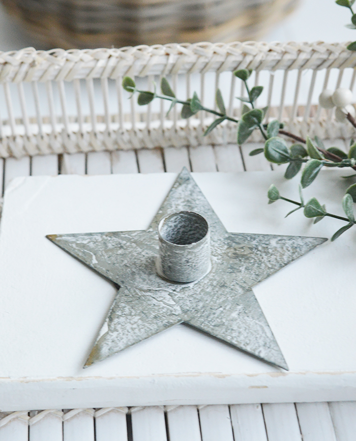 Star zinc candle holder for new England style interiors and home decor