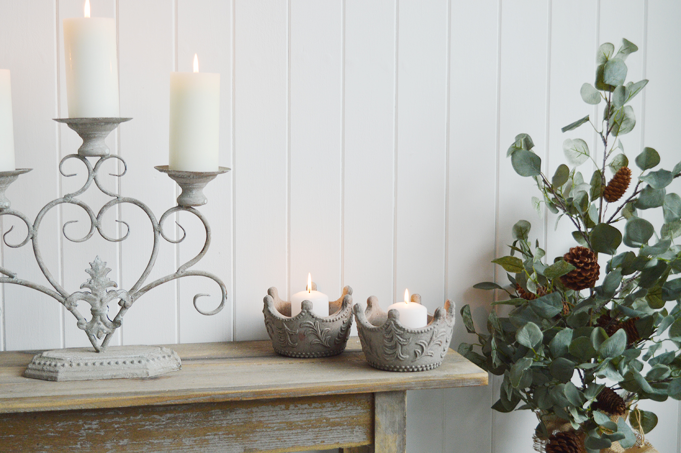 Grey Stone Crown Candle Holders- The White Lighthouse New England Coastal Farmhouse and Country Home Furniture and Decor Accesories