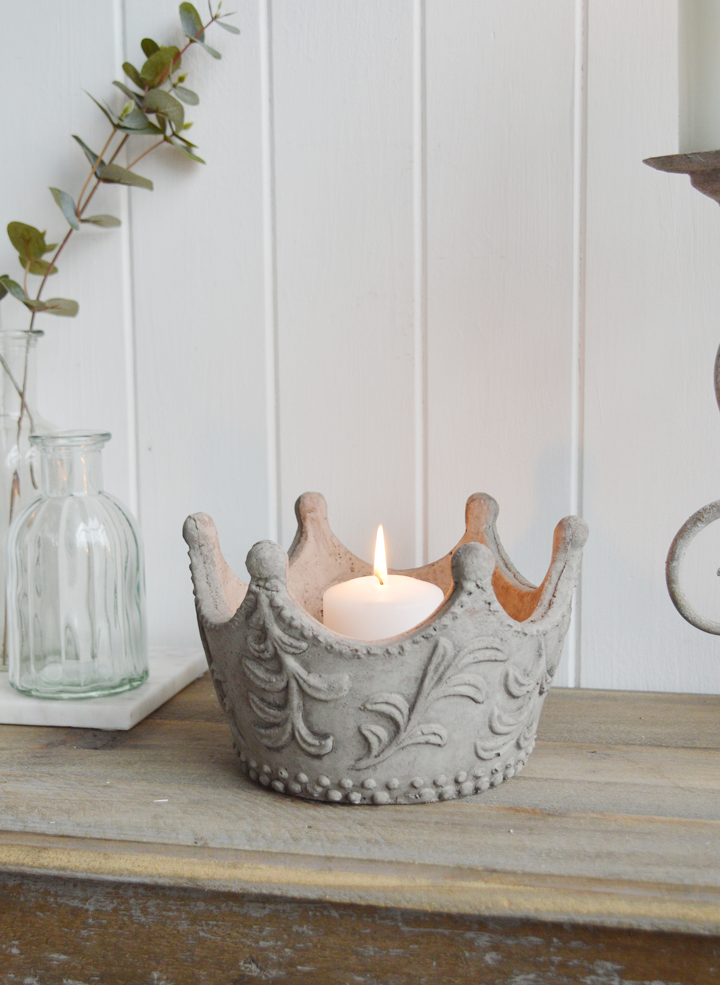 Grey Stone Crown Candle Holders- The White Lighthouse New England Coastal Farmhouse and Country Home Furniture and Decor Accesories