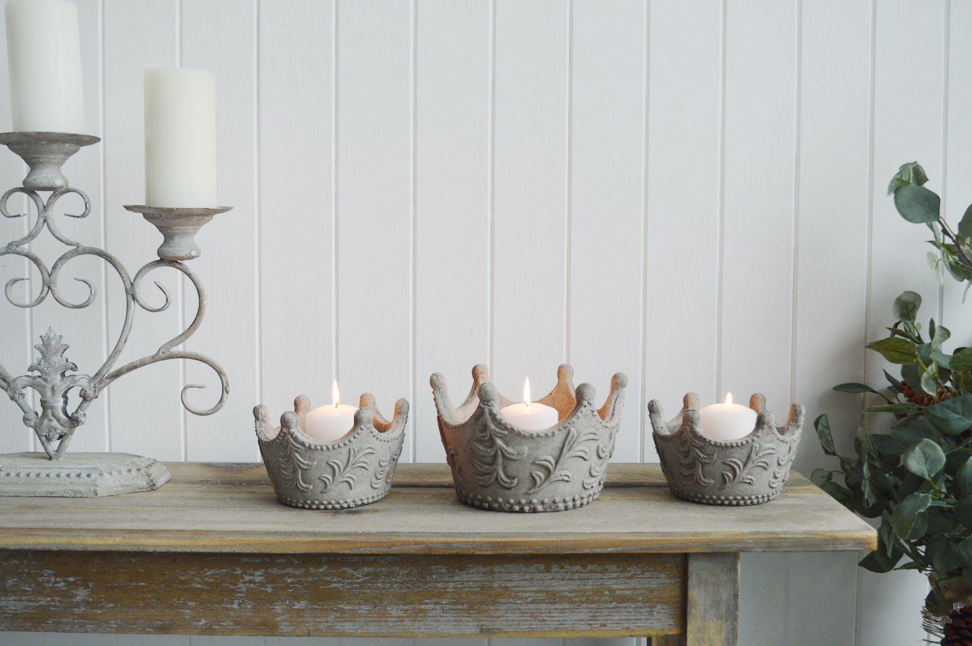 Grey Stone Crown Candle Holders- The White Lighthouse New England Coastal Farmhouse and Country Home Furniture and Decor Accesories